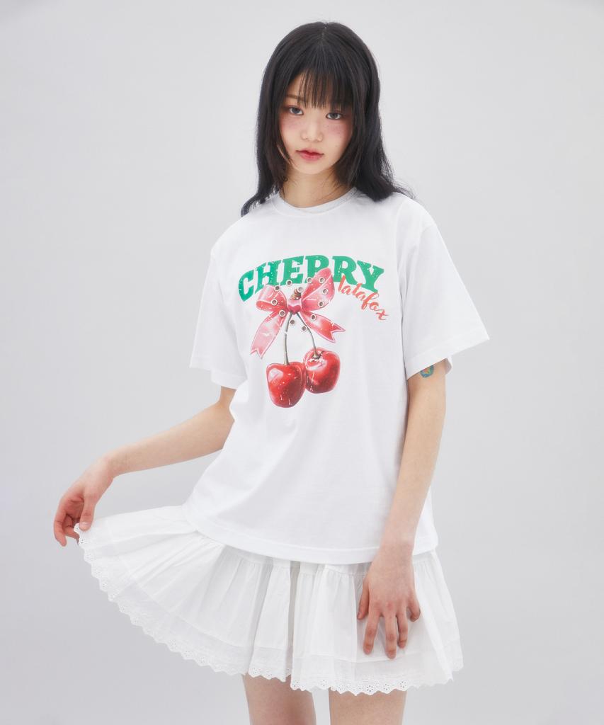 LALAFOX Cherry Heart T-Shirt Printed Short Sleeve T-Shirt White Br2Ch014