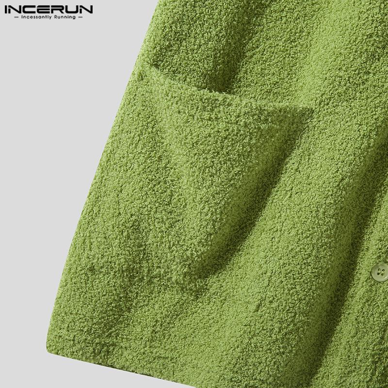 INCERUN Men's Fashion Button Up Furry Shirts Solid Short Sleeve Fleece Tops