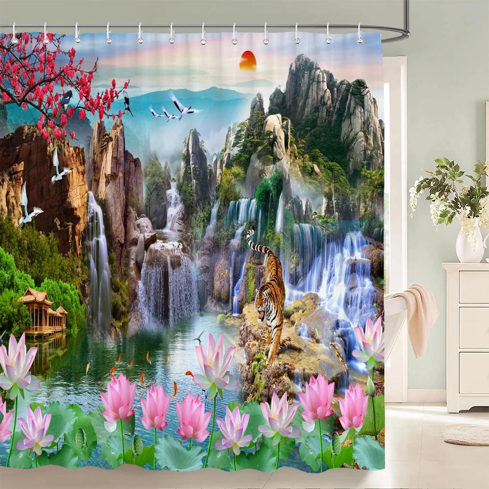 Chinese style Natural Waterfall landscape Shower Curtains Bathroom Curtain Waterproof Polyester Horse Bath Curtain with Hooks