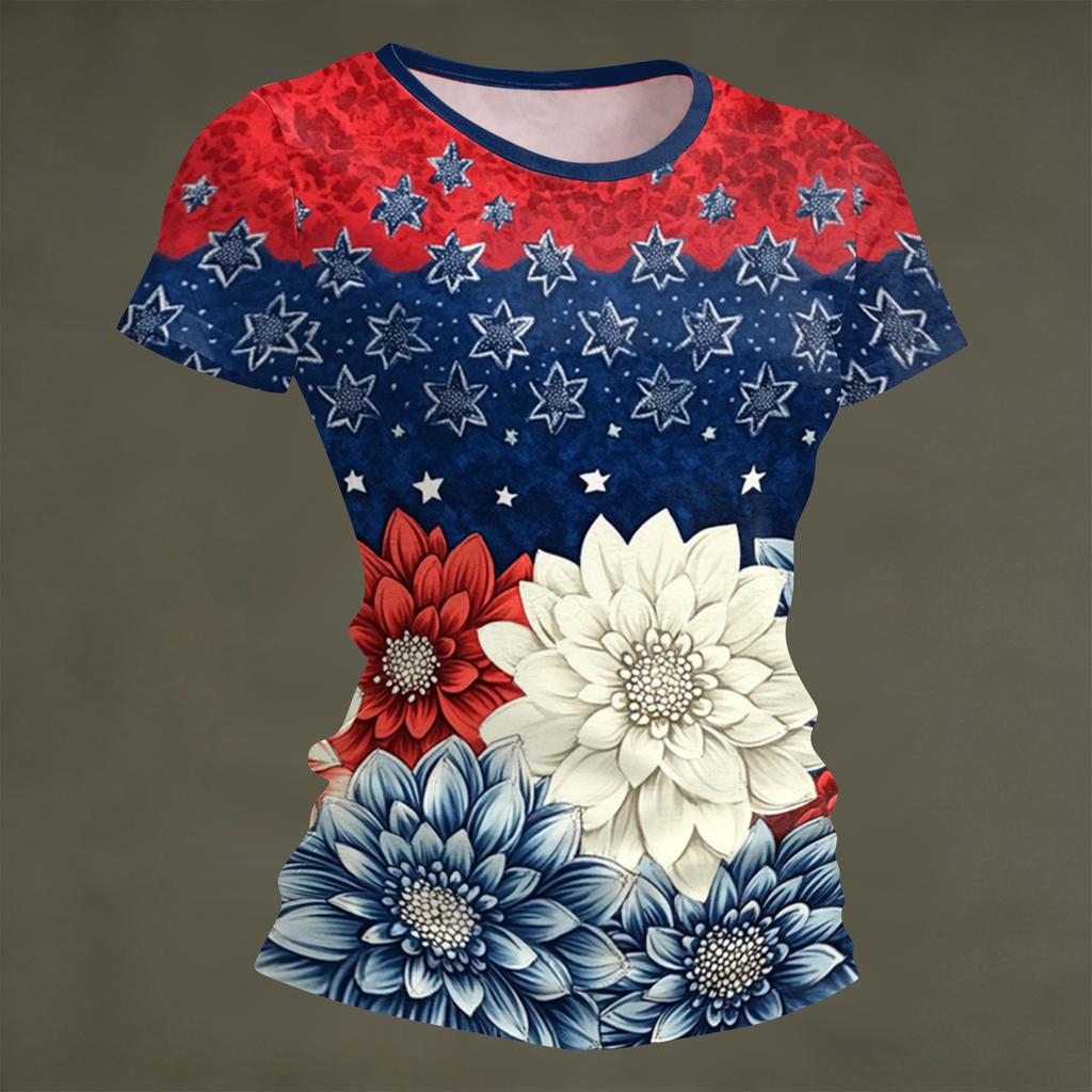 Women's Fashion Round Neck Independence Day Print Short Sleeve Loose Crewneck T-Shirt Top
