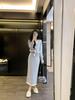 High-End Blue & White Color-Block V-Neck Cardigan & Skirt Set for Autumn/Winter
