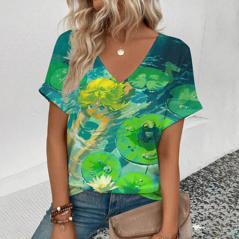 Sommer Teich Lotus 3D Druck T-Shirt Damen Streetwear Lässige T-Shirts Y2k Oberteile Frau Harajuku V-Ausschnitt T-Shirts Übergroße Kleidung