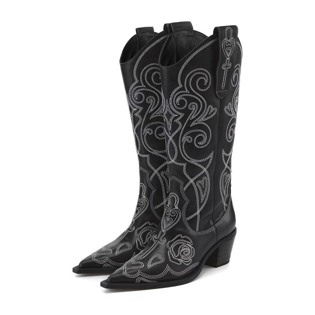 Pointed embroidered western cowboy boots women's spring and autumn new V-mouth but knee boots thick heel fashion knight boots