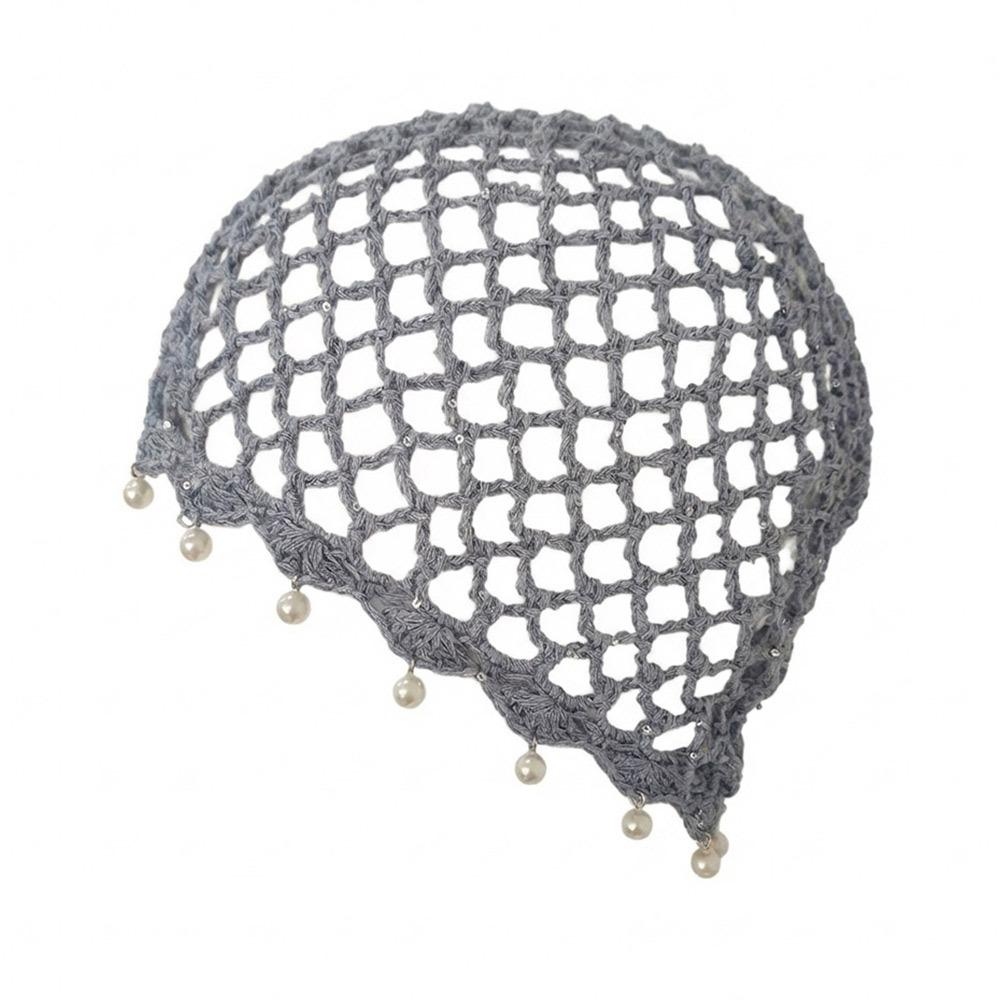 

Bohemian Hollowed Out Woven Pullover Hats Crochet Breathable Knitted Hat Pearl Fringed Retro Beanies Cap or Women Summer сірий