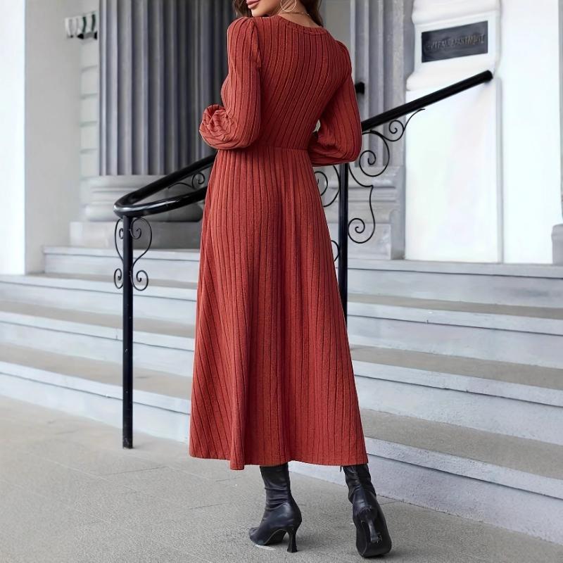 Solid Color Round Neck Long Sleeve Pullover Casual Elegant Thread Fashionable Dress