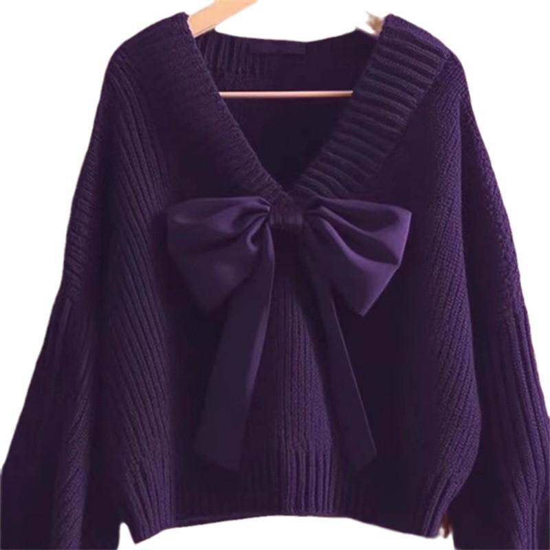 New 2024 Arctic Velvet V-neck Bow Knit Sweater - Soft, Comfortable Acrylic Nylon Top