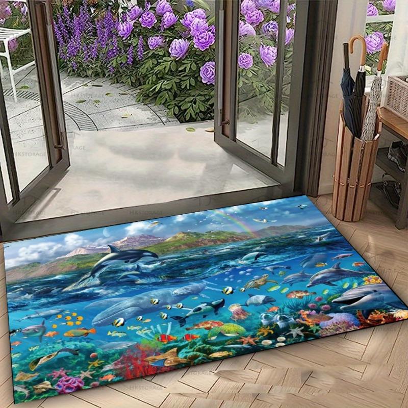 Ocean Scene Door Mat with Dolphins Whales and Rainbow Non-slip Entrance Rug for Home Decor Living Room Bedroom Decoration
