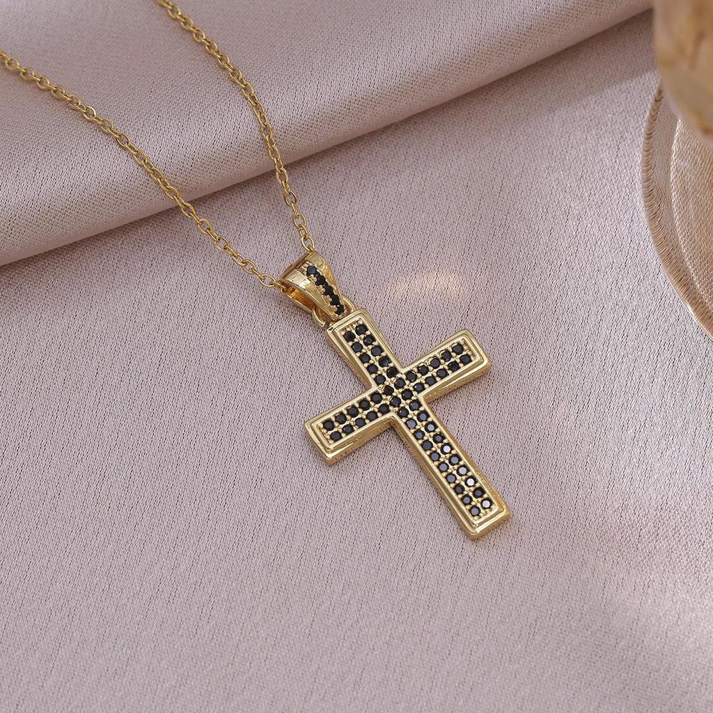 Damen Bunte Zirkon Kreuz Halskette - Nischendesign mit Voll-Diamant-Anhänger an Edelstahlkette