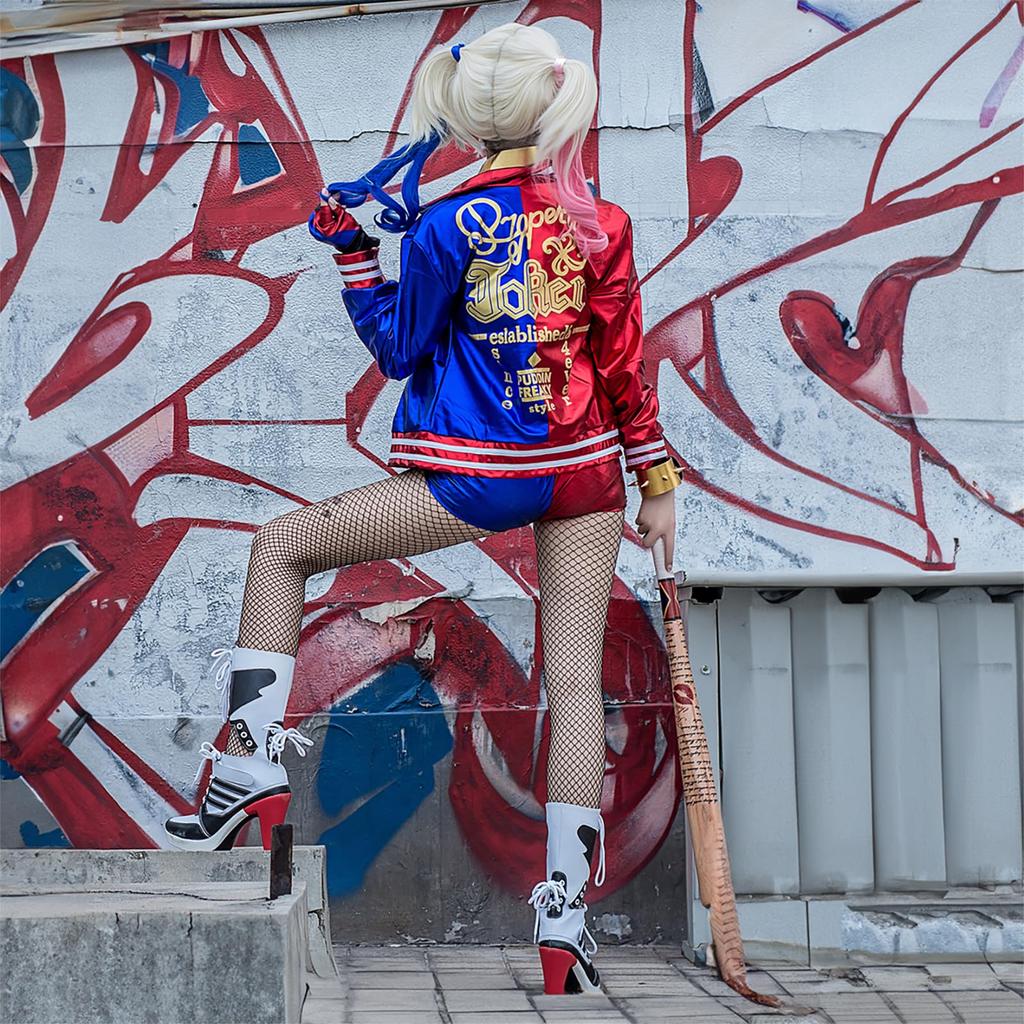 Harley Quinn Cosplay Costume with Wig Version x Black Red x Harley Quinn Suicide Squad Style Halloween Costume for Women Version x [milky time] -