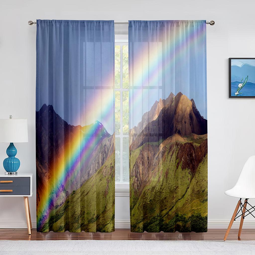 Idyllic Spring Meadow On The Mountains with Flowers Rainbow Sheer Voile Curtains for Living Room Kitchen Window Tulle Curtain