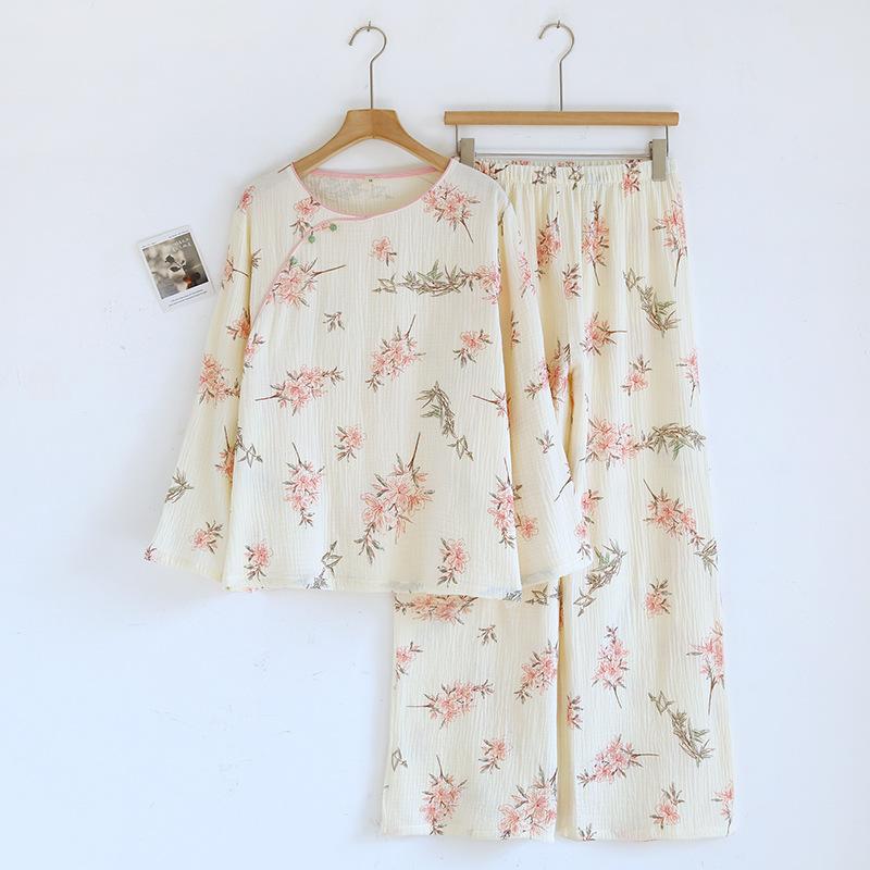 2026 New Spring/Summer Women's Pajama Set 100% Cotton Round Neck Chinese Long Sleeve Pants Home Clothes Sleepwear Ladies