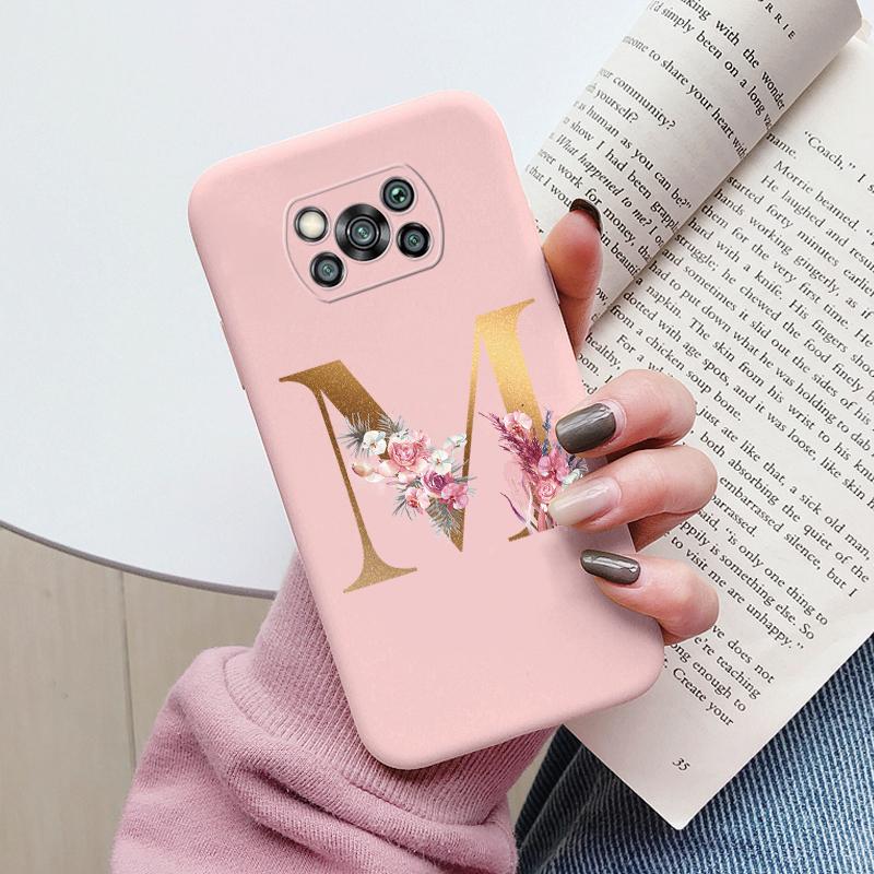 Letter Case For Poco X3 NFC PocoX3 Pro Back Cover Retro Flowers Pink Black Soft TPU Initial Fundas For Xiaomi Poco X 3 Pro Coque