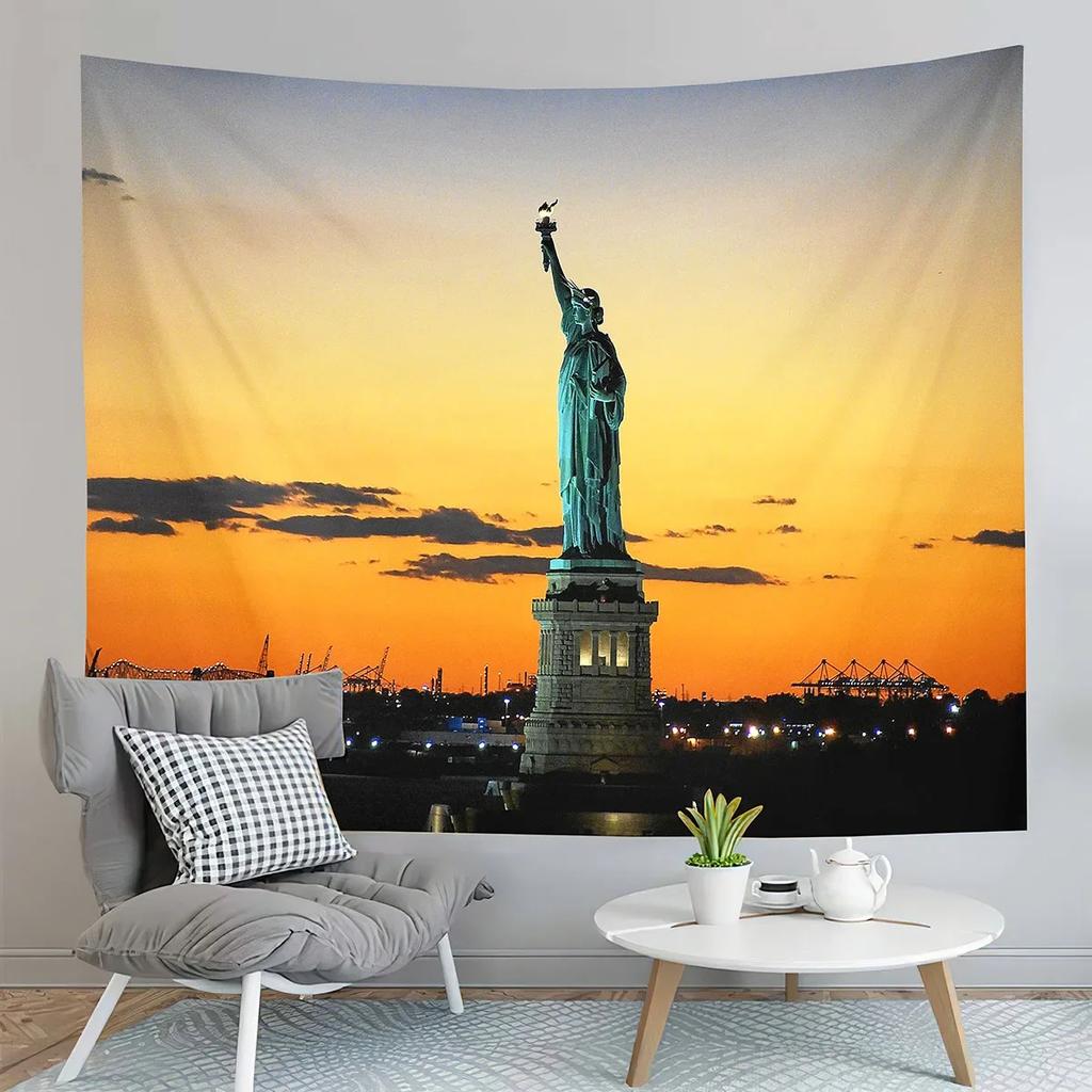 Berühmte Freiheitsstatue Wandteppich New York Sonnenuntergang Nachtansicht Wandteppich Kunst Wandbehang Zuhause Wohnzimmer Schlafzimmer Wohnheim Wandteppiche