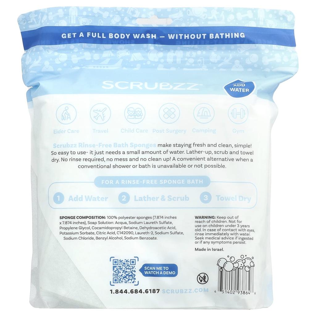 Scrubzz, Rinse-Free Bath Sponges, 50-Pack
