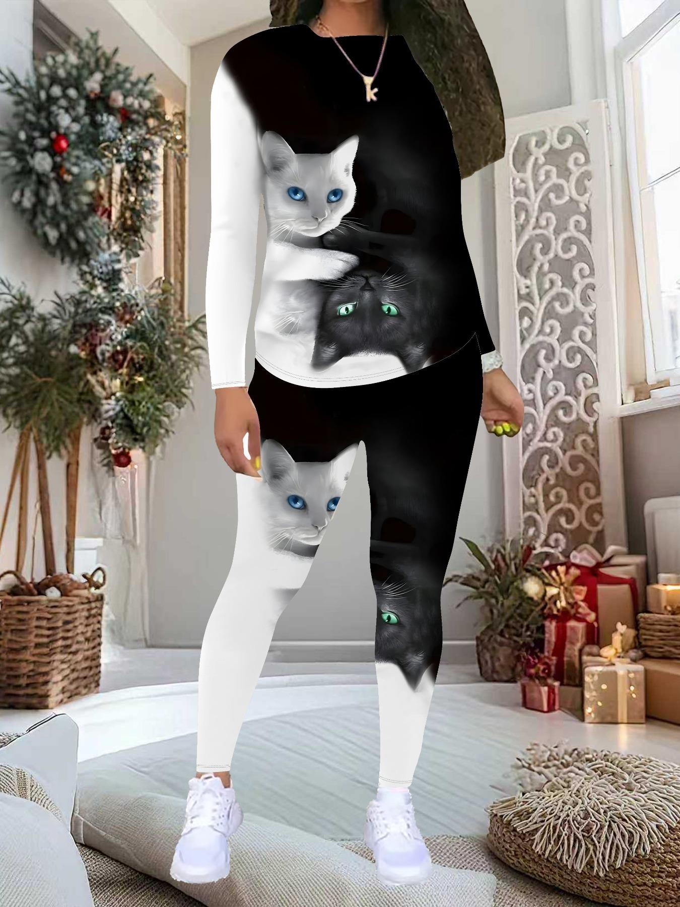 

Women s Cat Print 2-Piece Outfit: Long Sleeve Crew Neck Top & Pants, Holiday Limited Casual Party Gift Suit XL чорний