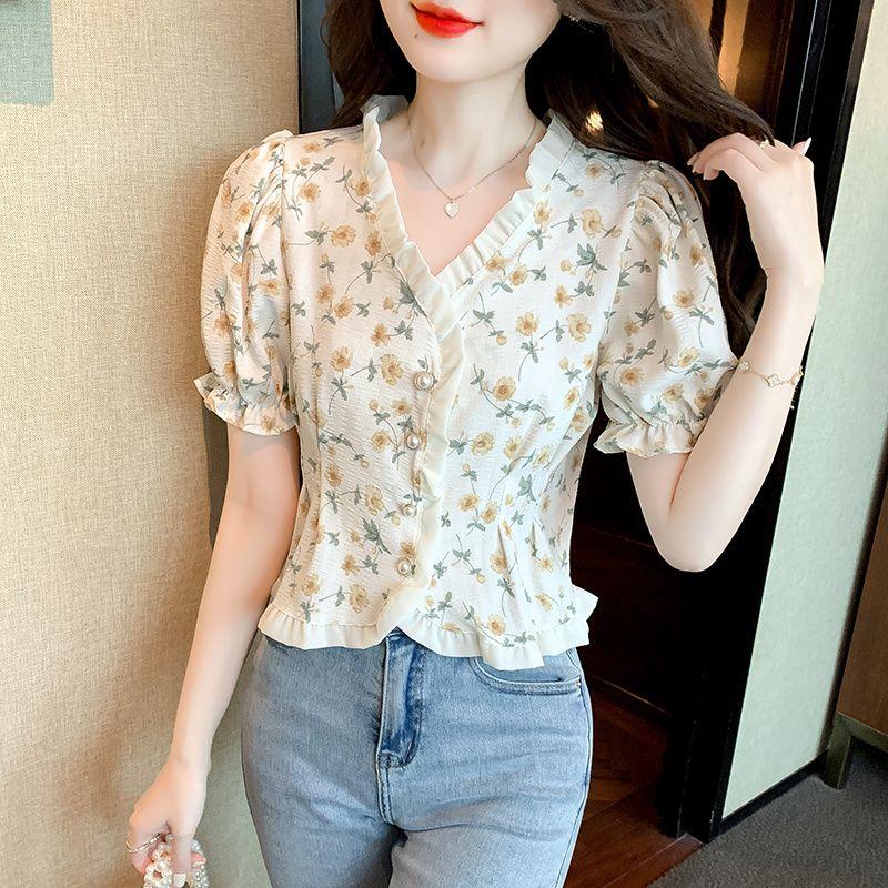 Summer Chic Women's Shirt Has A Design Sense of Niche Floral Ruffle Edge Bubble Sleeve Short Tops