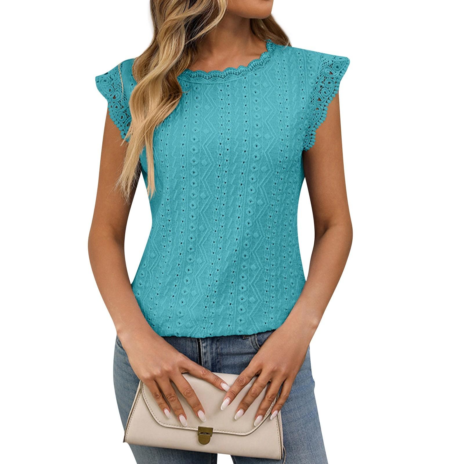 

Женская модная однотонная футболка с круглым вырезом и коротким рукавом с кружевным узором M