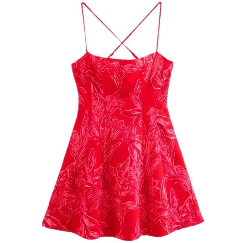 Western Style 2024 Autumn New Women clothes Sling Flowers Print Mini Dress Short dress 8508136