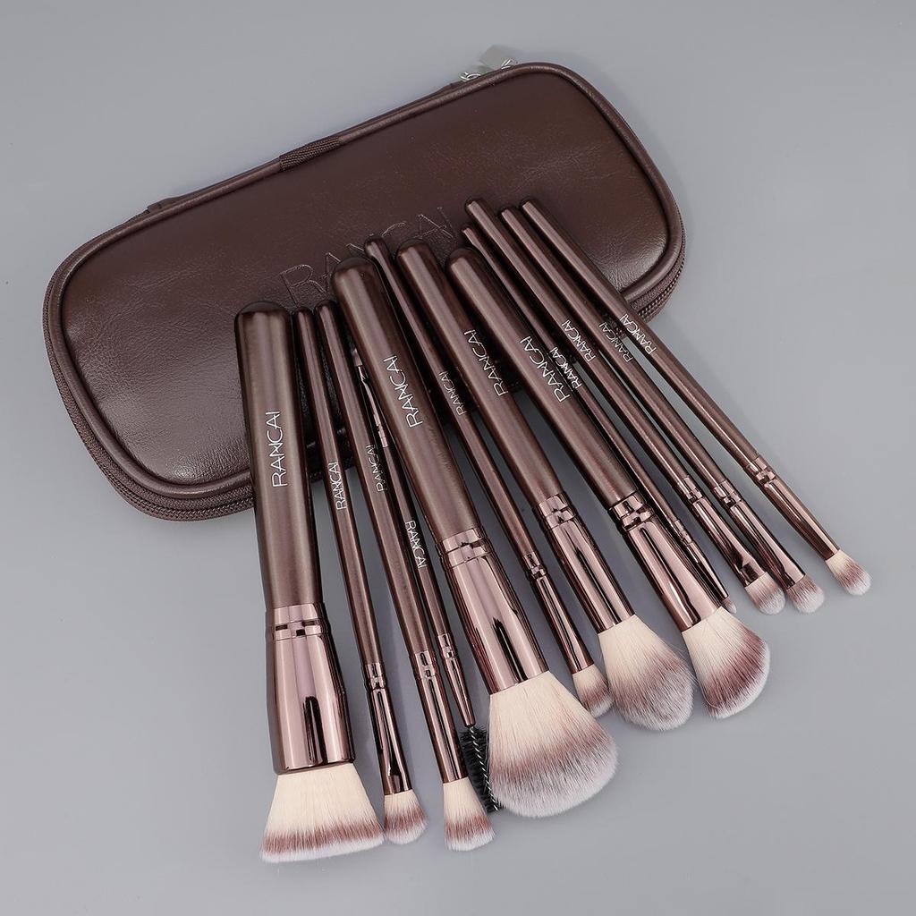12-Piece Coffee Color PU Makeup Brush Set: Eyeshadow, Loose Powder, Foundation Tools