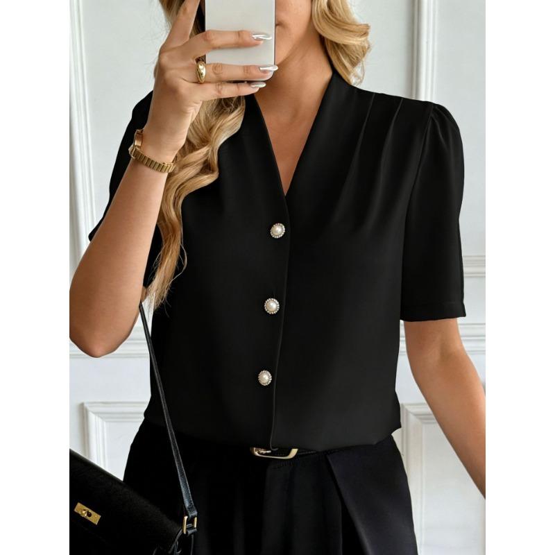 Women's New Summer V-neck Fashion Button Casual Business Short-sleeved Shirt