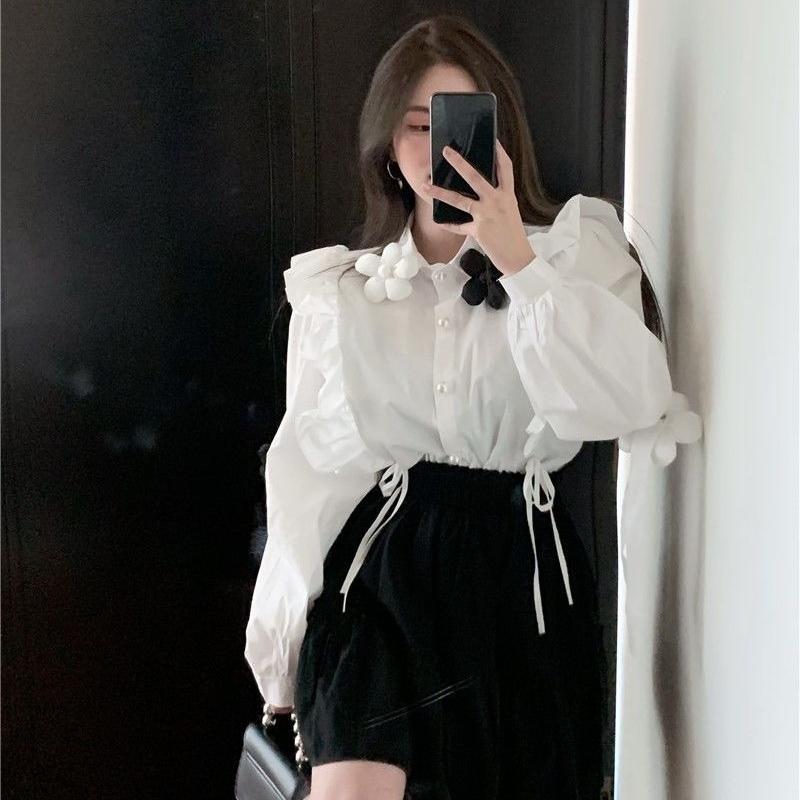 3D Floral Women's Shirt Korean Version Loose Turndown Collar Ruffle Design Single Breasted Lady Blouse Spring Casual Daily Famale Long Sleeved Top