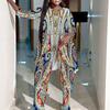 Women Plus Size Coordinated Two Piece Set Round Neck Three Quarter Sleeve Irregular Hem Top Printed Wide Leg Pants