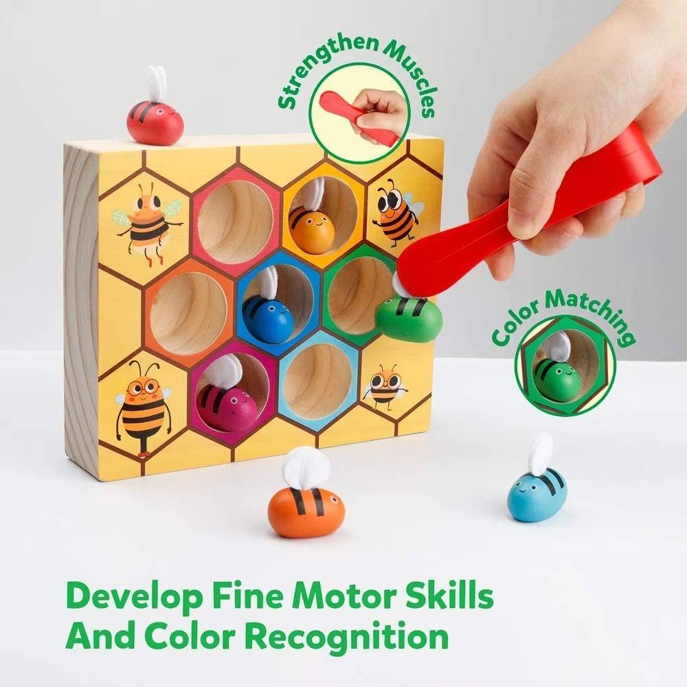 Wooden Early Education Beehive Game Color Sorting Clamp Bee To Hive Toy  Color Cognition