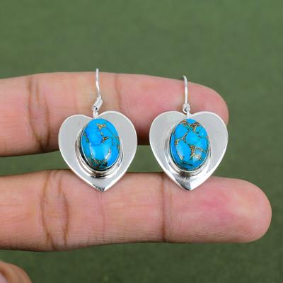 Copper Blue Turquoise Earring 925 Sterling Silver Earring Original Gemstone Earring Handmade Jewelry Unique Style Earrings Engagement Gifts