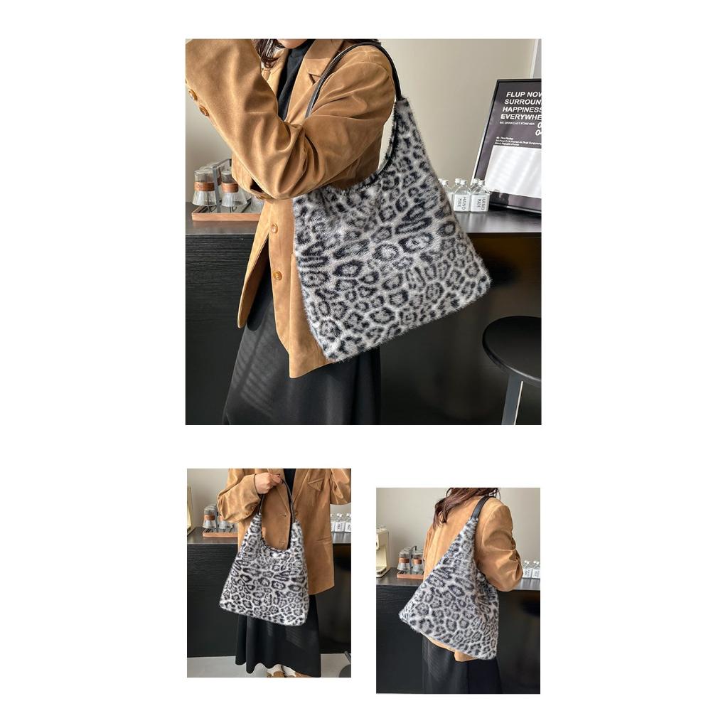 Hobo Bag for Women Plush Black Leopard Print Single Shoulder Carry Daily Use