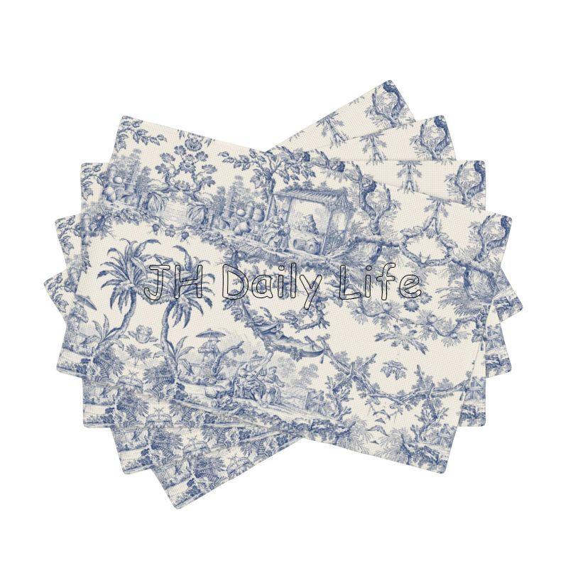 French Toile De Jouy Placemats Sets of 4 Waterproof Heat Resistant Linen Table Mats for Home Party Dining Table Decor 12x18 Inch