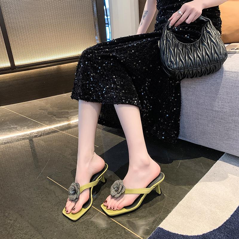 Fashion New Crystal Flower High-heeled Slippers for Ladies Clip-toe Square Toe Sandals Simple Thin Heels Designer Party Shoes for Ladies