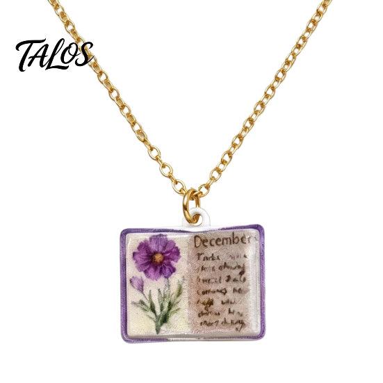 Talos Women Birth Flower Necklace, Floral Book Pendant January To December Month Gift for Wife Girlfriend