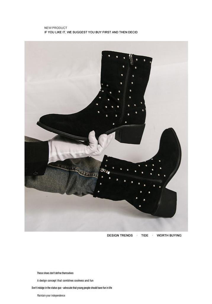 Men's Large Suede Leather Rivet Pointed Toe Ankle Boots - Medium Heel Fashion Knight Boots