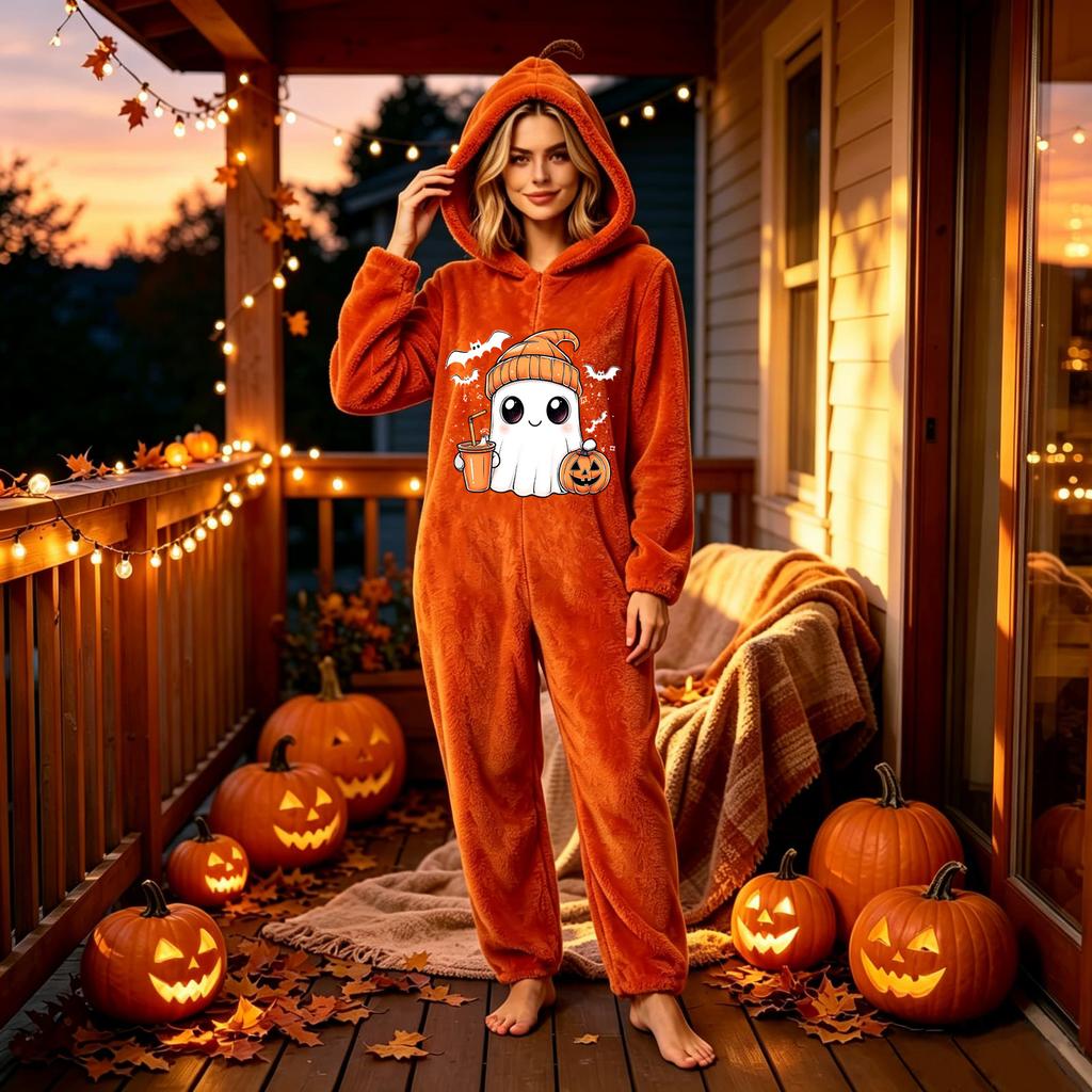 Dames Halloween Print Flanellen Jumpsuit Loungewear Set voor Gezellige Huis Slaapkleding