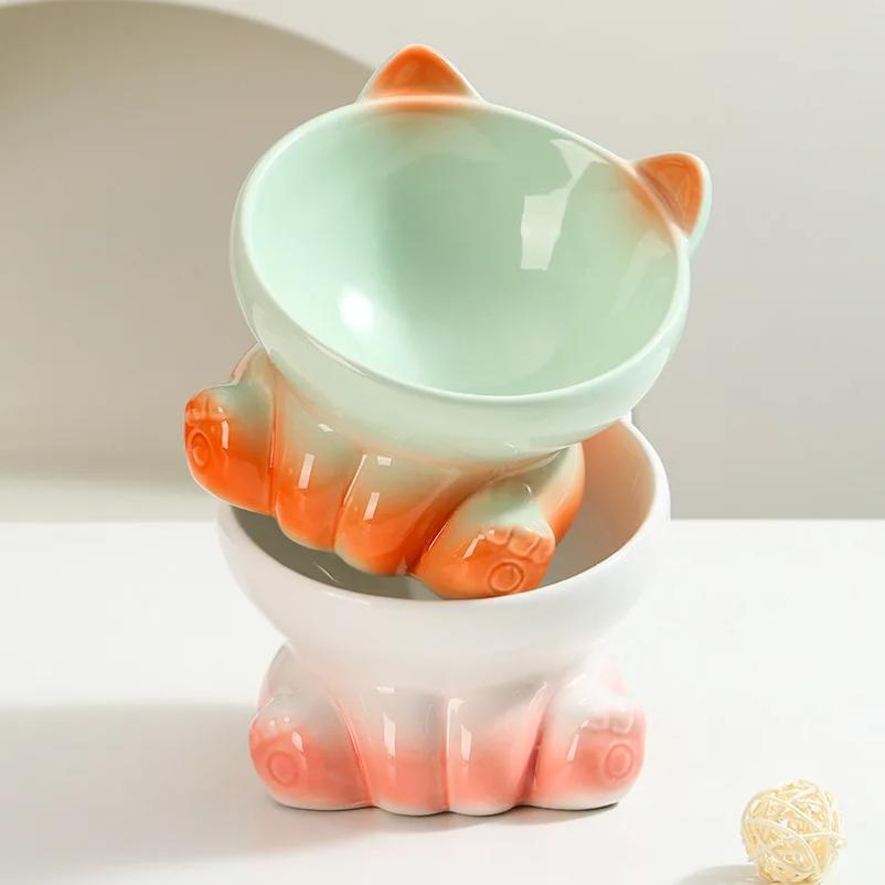 New Gradient Ceramic Cat Bowl Pet Bowl Cat Eating Bowl Drinking Bowl Pet Supplies Dog Bowl Cat Bowl Tall Bowl with Slanted Mouth