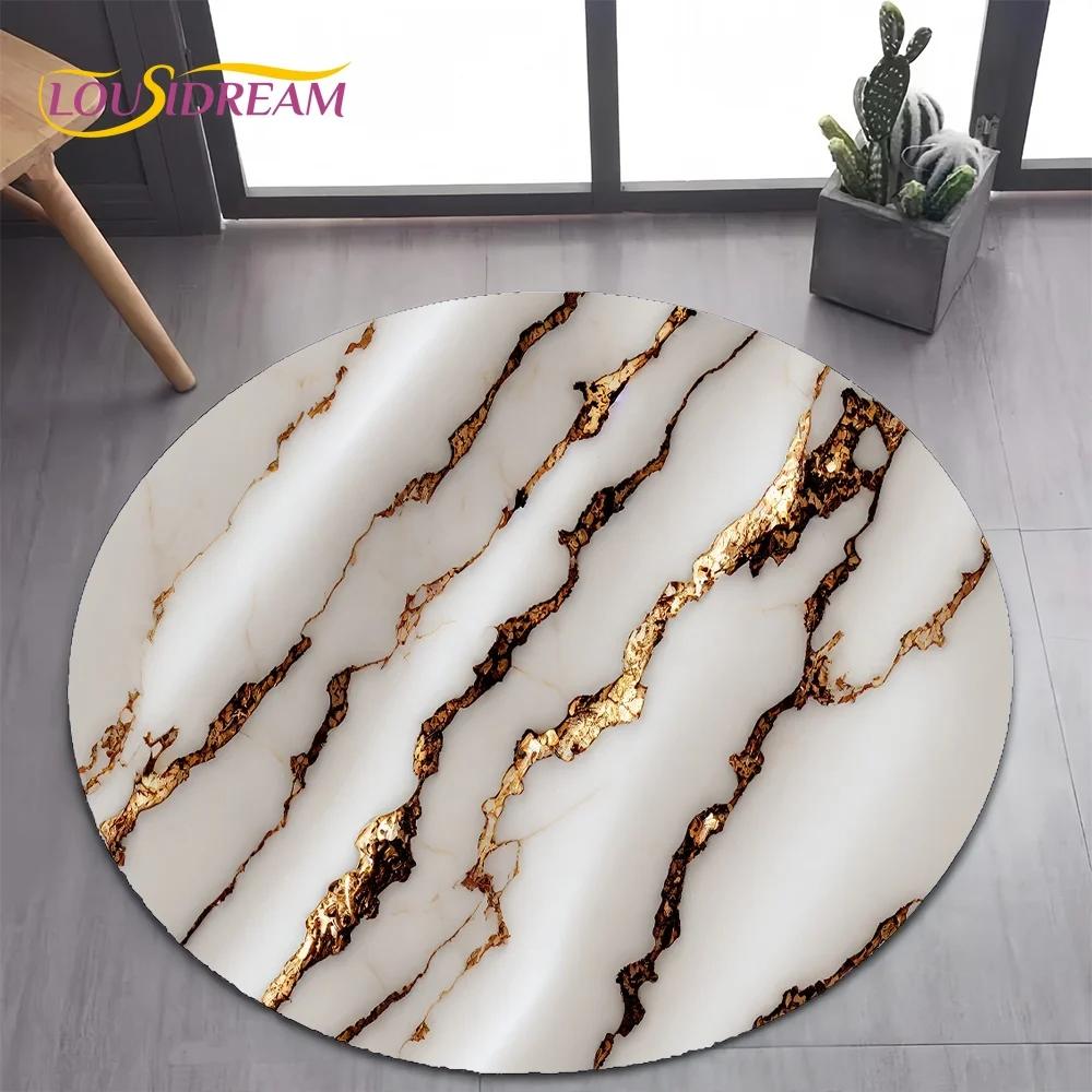 White Gold Marble Round Area Rug –Elegant Carpet for Bedroom or Living Room – Non-Slip Floor Mat, Pet-Friendly Modern Home Decor