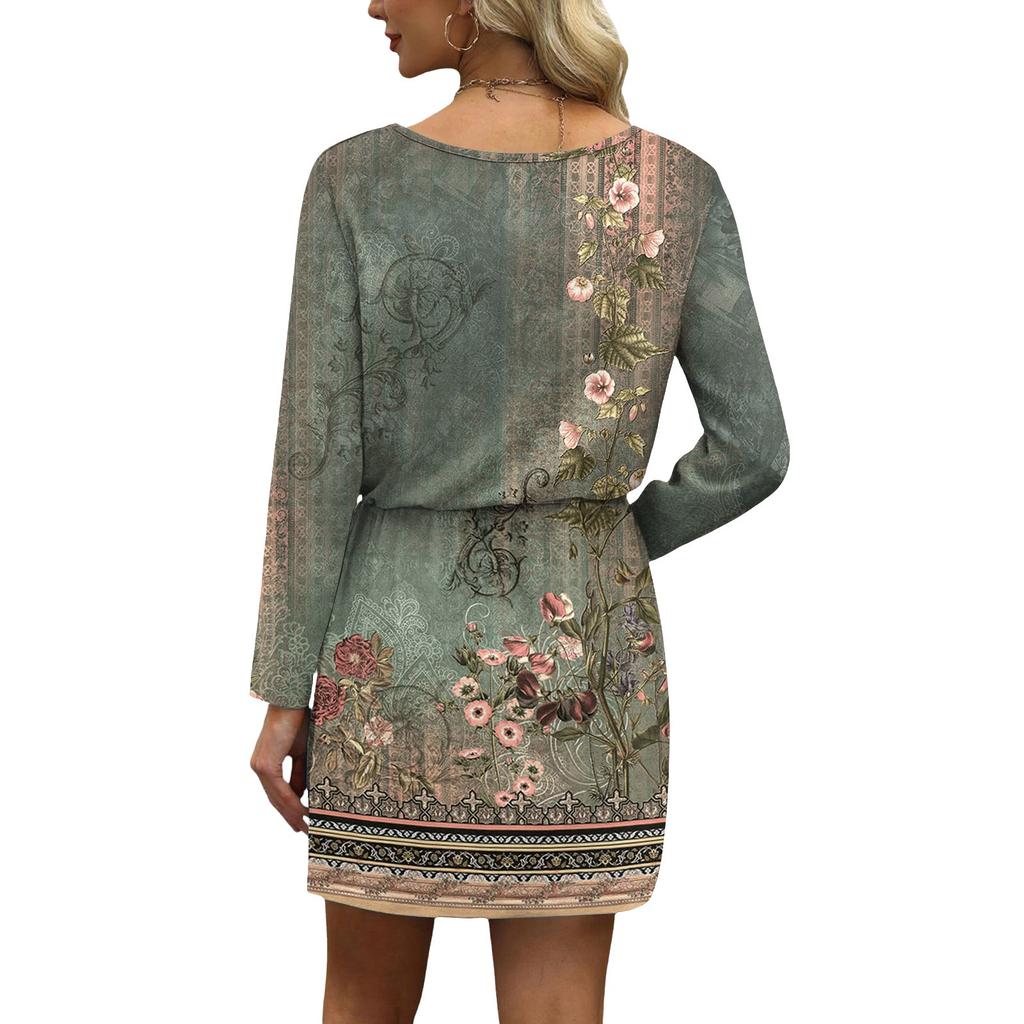 Women's Fashion V-Neck Long Sleeve Drawstring With Pocket Floral Print Casual Dresses