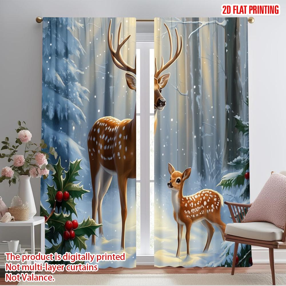 2pcs,2D Plane Printing Print Curtains Deer Family Winter Forest (3) Versatile Polyester Fabric (without Rod) Outdoor Decorations