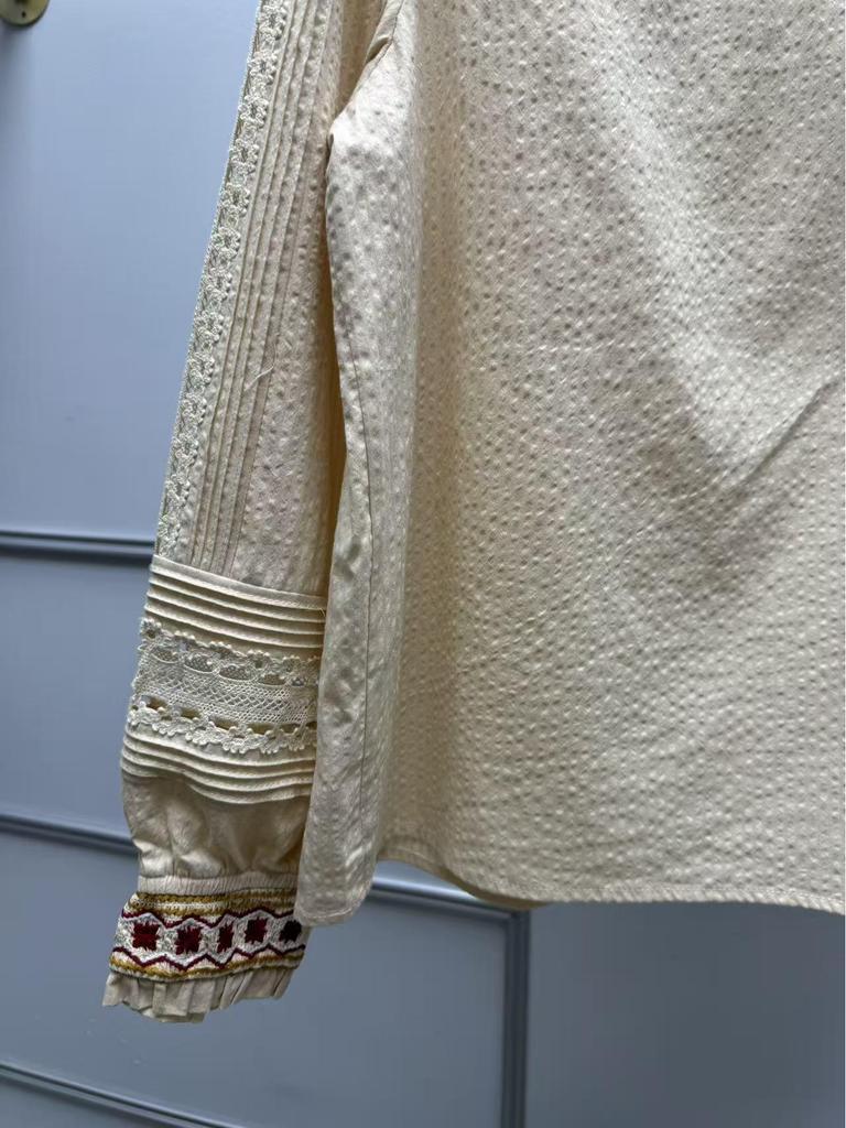 Women's Retro Ruffled Apricot Red Embroidered Long-Sleeve Shirt for Spring/Summer 2026