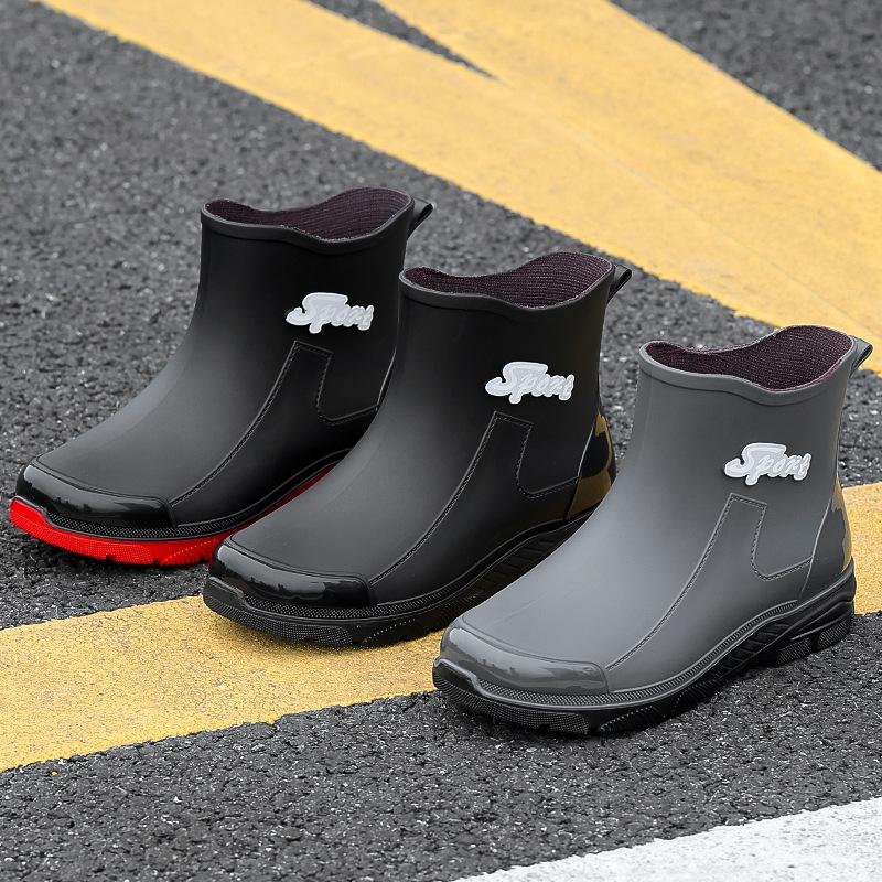 Fashion men's rain shoes medium tube rain boots non-slip short tube velvet fishing work shoes