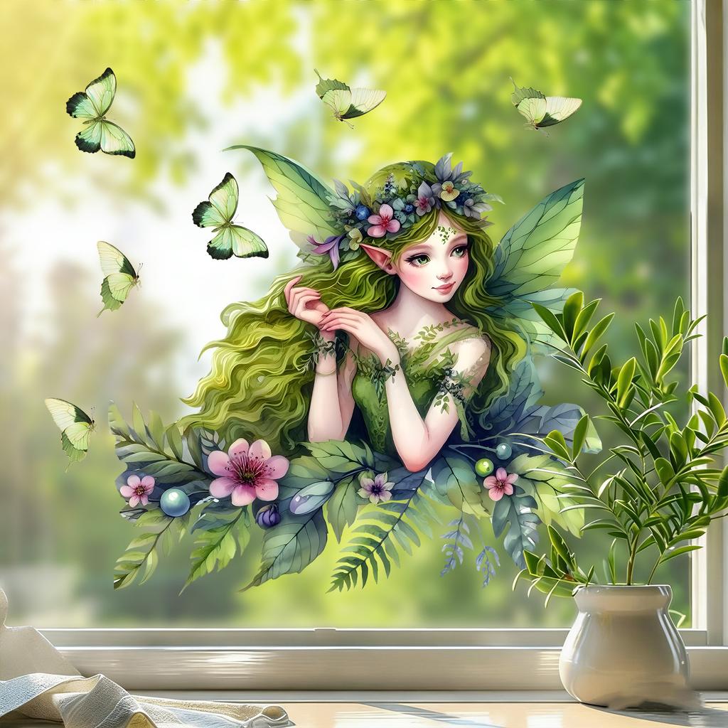 Green Elf Fairy Glass Stickers for Children's Room, Bedroom and Living Room