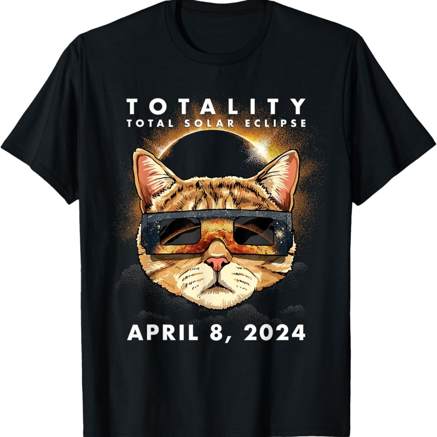 Solar Eclipse Shirt 2024 Cat Wearing Eclipse Glasses T-Shirt S чёрный