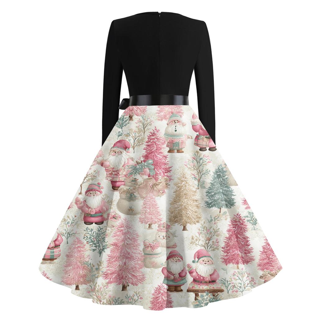 Women's Casual Fashion Round Neck Long Sleeve Christmas Printed Party Vintage Long Dresses