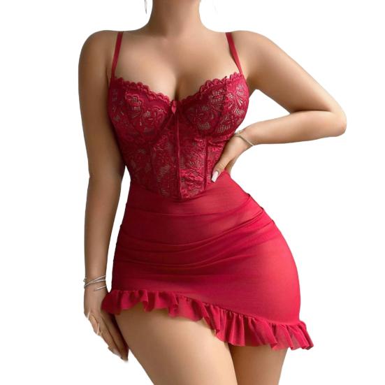 Women's Sexy Lace Sheer Bodycon Mini Dress See Through Chemise Bobydoll Nightdress Ruched Nightgown Set with Thong
