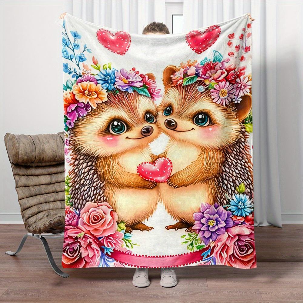 Cute hedgehogs couple floral crown heart romantic design flannel blanket soft cozy gift for lovers Valentine's Day home decor