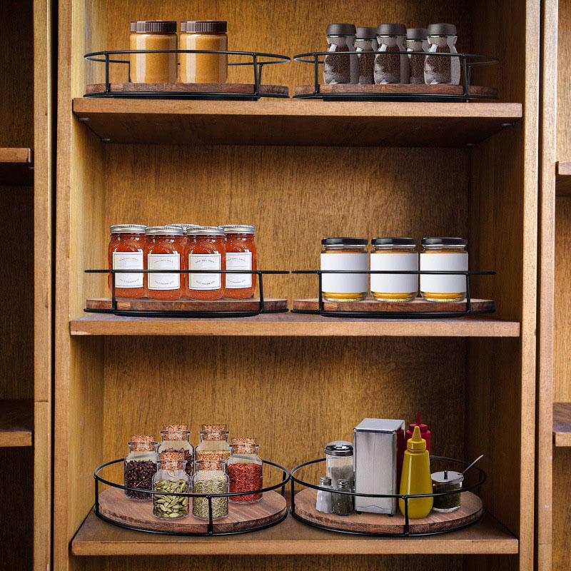 Multipurpose Wooden Revolving Spice Rack and Storage Tray for Kitchen Cabinets