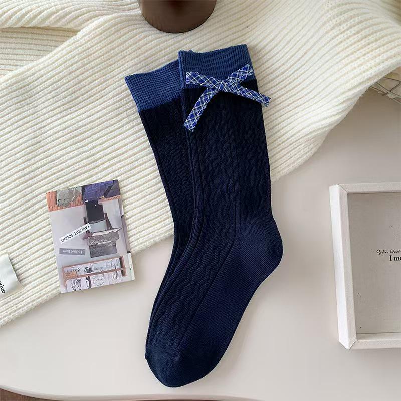 Dark Blue Academy Style Bowknot Boneless Women s Mid-Calf Lace Ruffle Socks - New Autumn/Winter Collection One Size