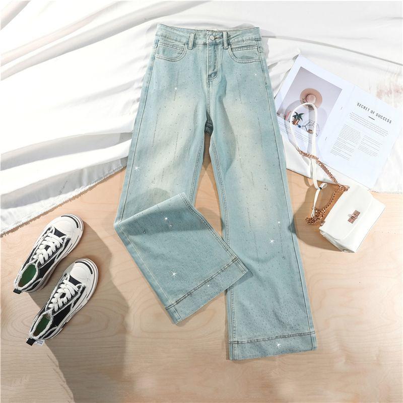 Spring Summer New Meteor Bling Rhinestone Non Cling Soft Comfort Relax Micro Flare Wide Leg Denim Pants For Women Casual Pants Oversize Denim Trousers