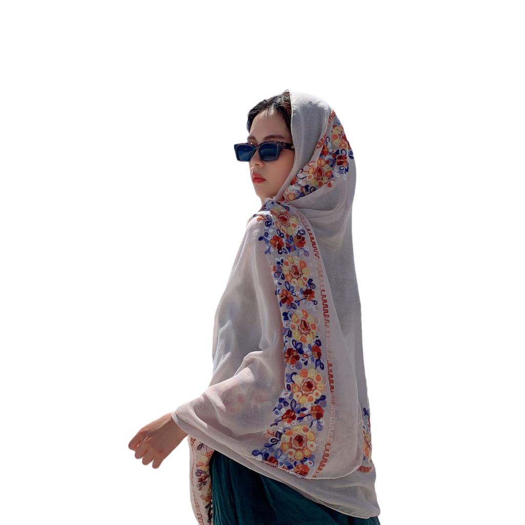 Women Shawl Travel Embroidery Retro Cotton Linen Hijab Sun Protection Warmth Sunshade Beach Cape Desert Cape Bohemian Scarf