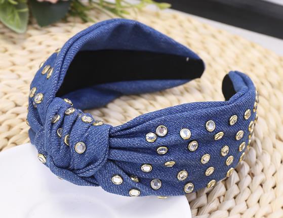 Bohemian Ethnic Denim Center Knot  Hairband With Rhinestone Knotted Headband Hair Accessories